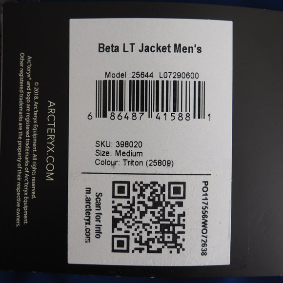 Arc'teryx Men's Beta LT Jacket Lightweight Gore-Tex Pro Shell Triton Navy Blue M - Picture 10 of 10